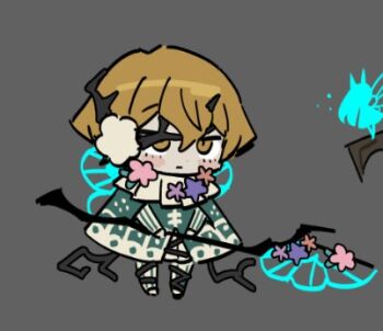 Rule 34 | 1boy, axe, blonde hair, cape, chibi, commentary, dated commentary, e.g.o (project moon), faelantern (project moon), full body, green cape, grey background, holding, holding axe, lantern (e.g.o), limbus company, lowres, official art, plant roots, project moon, simple background, sinclair (project moon), solo, symbol-only commentary, yellow eyes