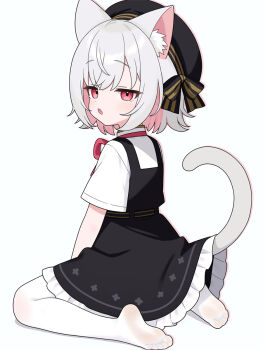 1girl animal_ear_fluff animal_ears beret between_legs black_dress black_hat bow cat_ears cat_girl cat_tail commentary_request dress fang frilled_dress frills from_behind full_body grey_hair hand_between_legs hat hat_bow highres looking_at_viewer looking_back multicolored_hair no_shoes pantyhose parted_lips pink_hair red_eyes sayo_(voicevox) shadow shirt short_sleeves simple_background sitting sleeveless sleeveless_dress soles solo striped_bow suuchi_maigo_(nan) tail two-tone_hair voicevox wariza white_background white_pantyhose white_shirt