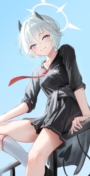 Rule 34 | 1girl, absurdres, black horns, black shirt, black skirt, blue archive, blue eyes, closed mouth, collared shirt, demon tail, erika (blue archive), floating neckwear, from below, halo, hashtag-only commentary, highres, horns, kneehighs, looking at viewer, loose necktie, necktie, on railing, open collar, railing, red necktie, seeyouu73, shirt, short sleeves, sitting, skirt, smile, socks, solo, tail, white hair, white halo, white socks