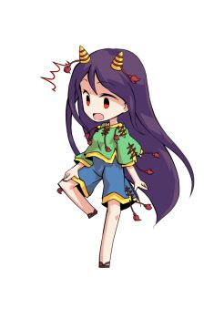 Rule 34 | 1girl, blue shorts, chibi, chibi only, commentary request, cone horns, dairi, full body, green shirt, horn ornament, horns, large variant set, long hair, nippaku zanmu, open mouth, purple hair, red eyes, sandals, shirt, shorts, simple background, solo, standing, standing on one leg, tachi-e, touhou, transparent background, variant set, very long hair, yellow horns
