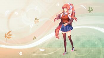 1girl blue_skirt blush brown_hair brown_jacket brown_thighhighs collared_shirt commentary cup disposable_coffee_cup disposable_cup doki_doki_literature_club doki_doki_literature_club_school_uniform english_commentary eyelashes full_body green_eyes hair_intakes hair_ribbon highres holding holding_cup jacket leaf long_hair long_sleeves monika_(doki_doki_literature_club) neck_ribbon off_shoulder official_art one_eye_closed open_clothes open_jacket open_mouth orange_sweater_vest orange_vest ponytail red_ribbon ribbon satchely school_uniform shirt shoes sidelocks skirt solo standing steam sweatdrop sweater_vest thighhighs third-party_source very_long_hair vest white_ribbon white_shirt white_shoes