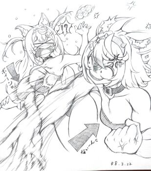 !? >_< 2girls absurdres anger_vein animal_ear_fluff animal_ears bandaid bandaid_hair_ornament belt_collar beniton braid braided_bangs breast_envy breasts clenched_hand collar commentary_request constricted_pupils crossed_bangs dog_ears dog_girl dog_tail donut double-parted_bangs evil_smile fake_horns fang food fuwawa_abyssgard graphite_(medium) greyscale hair_ornament hairband highres hololive hololive_english horn_hairband horns large_breasts long_hair looking_at_another mococo_abyssgard monochrome multiple_girls pon_de_ring sanpaku shaded_face short_hair siblings sisters slapping_breasts smile spoken_interrobang tail tearing_up traditional_media translation_request twins two_side_up underwear underwear_only virtual_youtuber x_hair_ornament