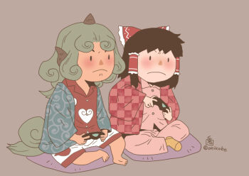 2girls alternate_costume barefoot black_hair bow brown_socks checkered_haori closed_mouth cloud_print commentary_request cone_horns controller curly_hair cushion frilled_bow frilled_hair_tubes frills frown full_body game_controller green_hair grey_background grey_horns hair_bow hair_tubes hakurei_reimu haori holding holding_controller holding_game_controller horns japanese_clothes kariyushi_shirt komano_aunn long_hair multiple_girls onikobe_rin pants pink_pants pink_shirt red_bow red_haori red_shirt shirt short_hair shorts sidelocks simple_background single_horn socks solid_oval_eyes tail touhou white_shorts zabuton