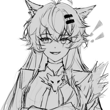 ! !! 1girl animal_ear_fluff animal_ears antenna_hair arknights blazer brooch cape chinese_commentary collared_shirt commentary_request crossed_arms dot_nose eyelashes fangs fur-trimmed_cape fur_trim greyscale hair_ornament hairclip happy jacket jewelry lappland_(arknights) long_hair long_sidelocks long_sleeves looking_to_the_side loose_hair_strand meng_qiao messy_hair monochrome necktie open_mouth parallel_hairclips scar scar_across_eye scar_on_face shirt sidelocks simple_background smile solo straight-on straight_hair upper_body very_long_hair white_background wolf wolf_ears wolf_girl