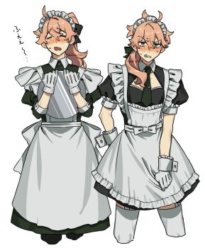 2boys above-cleavage_cutout ahoge apron back_bow black_bow black_dress black_necktie blush bow chaldea_no_mono clenched_teeth closed_eyes clothing_cutout collared_dress commentary cropped_legs crossdressing crossdressing_(mtf) crying dress dress_tug ear_blush fate/grand_order fate_(series) frilled_apron frills garter_straps gloves green_eyes hair_between_eyes hair_bow hands_up high_ponytail highres holding holding_tray juliet_sleeves long_hair long_sleeves looking_at_viewer low_ponytail maid maid_apron maid_headdress male_focus male_maid mobuyama_sol multiple_boys necktie open_mouth orange_hair ponytail puffy_short_sleeves puffy_sleeves romani_archaman short_sleeves side-by-side simple_background sweat teeth thighhighs tie_clip translated tray twitter_username white_apron white_background white_bow white_gloves white_headdress white_thighhighs white_wrist_cuffs wrist_cuffs