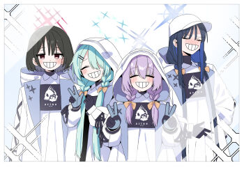 4girls absurdres aqua_hair aqua_halo arius_squad_(blue_archive) atsuko&#039;s_grin_(meme) atsuko_(blue_archive) b.t._(boob_tong) blue_archive blue_hair blue_halo brown_hair halo highres hiyori_(blue_archive) meme misaki_(blue_archive) multiple_girls pink_halo purple_hair purple_halo saori_(blue_archive)