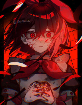 1girl alice_in_heaven aosoraa6 apron black_border black_hair blood blood_on_face blood_on_hand border bow_hairband brown_shirt collared_shirt commentary_request crazy_eyes frilled_apron frills grid_background hair_between_eyes hairband highres looking_at_viewer medium_hair neckerchief original outside_border own_hands_clasped own_hands_together parted_lips pillarboxed puffy_short_sleeves puffy_sleeves red_background red_eyes red_hairband red_neckerchief shirt short_sleeves solo straight-on streamers upper_body usagi_no_alice white_apron white_wrist_cuffs wide-eyed wrist_cuffs