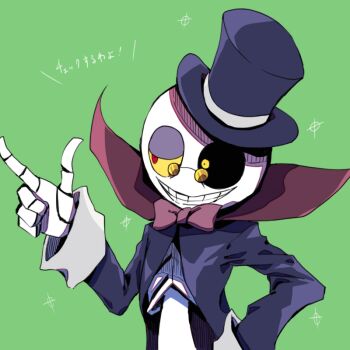 Rule 34 | 1boy, black jacket, bow, bowtie, dapper bones, finger gun, green background, grin, hand on own hip, hat, heterochromia, high collar, jacket, long sleeves, male focus, mini eyewear, purple bow, purple bowtie, puyopuyo, puyopuyo fever, red eyes, shigeshiro hideto, skeleton, smile, solo, top hat, translation request, upper body, yellow eyes