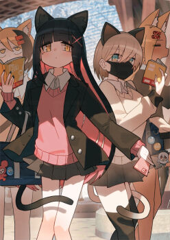 Rule 34 | 4girls, = =, animal ear fluff, animal ears, aqua eyes, bag, bare legs, black hair, black jacket, black nails, black skirt, black socks, black surgical mask, black tail, black thighhighs, blonde hair, blunt bangs, book, breasts, buttons, cardigan, cat ears, cat girl, cellphone, collared shirt, colored inner hair, commentary request, dark-skinned female, dark skin, dot nose, duffel bag, earrings, expressionless, feet out of frame, floating clothes, gradient tail, grey tail, gyaru, hair ornament, hair tie, hairclip, holding, holding bag, holding book, iphone, iphone 11 pro, jacket, jewelry, jitome, katsu (katsupainter), long hair, long sleeves, looking at viewer, mask, matching outfits, medium breasts, medium hair, miniskirt, mole, mole under eye, mouth mask, multicolored hair, multiple girls, multiple hair clips, open clothes, open jacket, open mouth, original, outdoors, pale skin, phone, pink cardigan, pink hair, pleated skirt, pocketbook, ribbed cuffs, ribbed trim, sanpaku, school bag, school uniform, shade, shirt, sidelocks, skirt, slit pupils, smartphone, socks, streaked hair, tamagotchi, tamagotchi (virtual pet), thighhighs, train station platform, two-tone hair, very long hair, virtual pet (toy), waiting, white cardigan, white fur, white shirt, white tail, x hair ornament, yawning, yellow cardigan, yellow eyes, yellow fur