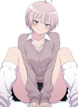 Rule 34 | 1girl, ahoge, between legs, black skirt, blunt bangs, blush, breasts, cleavage, closed mouth, collarbone, collared shirt, commentary request, feet out of frame, grey eyes, grey hair, grey sweater, hand between legs, highres, kneehighs, knees up, long sleeves, looking at viewer, loose socks, medium breasts, miniskirt, mole, mole under eye, original, school uniform, shirt, short hair, simple background, sitting, skirt, sleeves past wrists, smile, socks, solo, sweater, v arms, white background, white shirt, white socks, zack (haiuinndo)