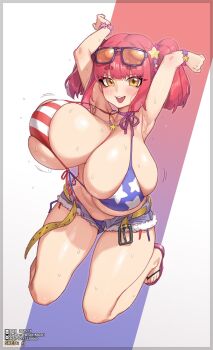 1girl american_flag american_flag_bikini american_flag_print armpits arms_up belt bikini bikini_under_clothes blue_shorts blush bouncing_breasts bracelet breasts cleavage commission cutoffs denim denim_shorts flag_print flag_print_bikini flip-flops flower_bracelet hair_ornament huge_breasts jewelry medium_hair necklace open_mouth orange-tinted_eyewear original print_bikini red_hair sandals short_shorts shorts skindentation smile solo star_(symbol) star_hair_ornament star_necklace sunglasses_on_head sweat swimsuit thick_thighs thighs tinted_eyewear twintails twitter_username unbuttoned xiangzi_box yellow_eyes