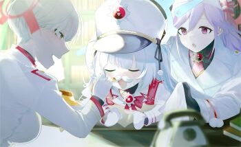 Rule 34 | 3girls, absurdres, blonde hair, blue archive, blue halo, blush, breasts, cherino (blue archive), closed eyes, dantyou2525, fake facial hair, fake mustache, food, food on face, fur hat, halo, hat, highres, holding, holding spoon, jacket, large breasts, long hair, long sleeves, marina (blue archive), multiple girls, open mouth, pink eyes, pink hair, pudding, red halo, short hair, smile, spoon, tomoe (blue archive), two side up, ushanka, white hair, white hat, white jacket, yellow eyes
