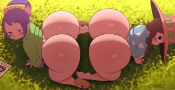 2girls all_fours animated animated_gif artist_name ass ass-to-ass ass_shake blue_shirt blush_stickers bottomless brown_hair comb feet flower grass green_kimono hair_bun hair_flower hair_ornament hat huge_ass jackov japanese_clothes kimono kurozumi_tama kyojiri_loli loli looking_at_viewer miss_goldenweek multiple_girls naughty_face one_piece pink_hat purple_hair sandals shirt sidelocks smile twerking twintails wanted_poster