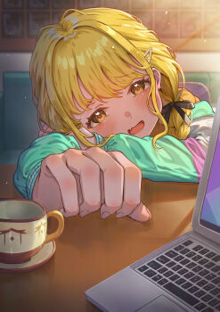 1girl absurdres arms_on_table black_ribbon blonde_hair blush braid commentary_request computer cup fang fingernails foreshortening fujita_kotone gakuen_idolmaster hair_ribbon head_rest heart heart_in_eye highres idolmaster indoors jacket laptop looking_at_viewer multicolored_jacket ribbon skin_fang solo symbol_in_eye teacup wari_sando yellow_eyes