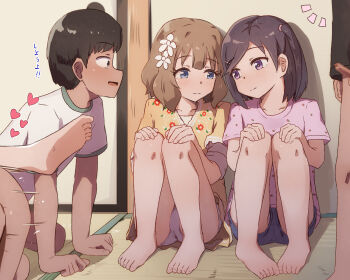 2boys 2girls black_hair blue_eyes blue_shorts brown_hair censored erection flower hair_flower hair_ornament heart highres idolmaster idolmaster_million_live! knees_to_chest kodomo_doushi loli mosaic_censoring multiple_boys multiple_girls panties penis pink_shirt purple_eyes seneto sex shirt shorts shota sitting small_penis suou_momoko tatami translated underwear white_panties