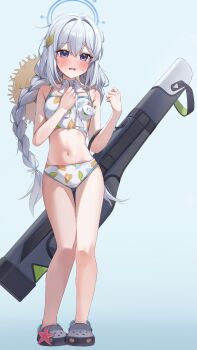 1girl absurdres bikini blue_archive blue_halo braid breasts cosplay crocs grey_hair hair_between_eyes halo hat hat_on_back highres leaf leaf_on_head leaf_print long_hair medium_breasts miyako_(blue_archive) miyu_(blue_archive) miyu_(blue_archive)_(cosplay) miyu_(swimsuit)_(blue_archive) navel print_bikini purple_eyes solo straw_hat swimsuit twin_braids um_111 very_long_hair white_bikini
