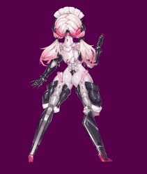Rule 34 | 1girl, absurdres, arms behind back, ass, bodysuit, bound, bound arms, bound legs, breasts, digitigrade, exoskeleton, from behind, full body, highres, jian xuanyuan, large breasts, latex, long hair, low twintails, mecha musume, mechanical arms, mechanical legs, original, pink hair, purple background, reverse prayer, second-party source, shiny clothes, skin tight, solo, standing, stealth bondage, twintails, variant set