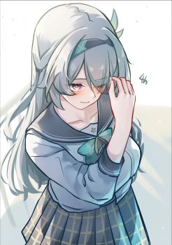 1girl absurdres aqua_bow aqua_bowtie black_hairband blue_pupils bow bowtie breasts closed_mouth commentary_request cowboy_shot firefly_(honkai:_star_rail) firefly_(spring_missive)_(honkai:_star_rail) grey_hair grey_sailor_collar grey_skirt hairband hand_up highres holding holding_own_hair honkai:_star_rail honkai_(series) long_hair medium_breasts memeiradesuyo official_alternate_costume one_eye_closed plaid_clothes plaid_skirt purple_eyes sailor_collar school_uniform serafuku shirt simple_background skirt solo white_shirt