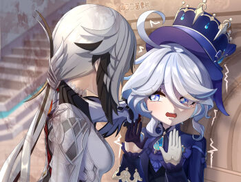 Rule 34 | absurdres, against wall, arlecchino (genshin impact), ascot, asymmetrical gloves, blue ascot, blue hat, dd che shen, drop-shaped pupils, eyelash ornament, furina (genshin impact), genshin impact, gloves, hand on wall, hands up, hat, highres, mismatched gloves, mismatched pupils, pleading eyes, symbol-shaped pupils, tearing up, top hat, yuri