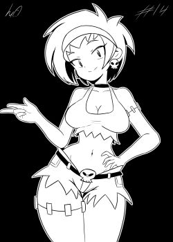 1girl absurdres breasts choker commentary contrapposto cowboy_shot crop_top earrings hairband hand_on_own_hip highres jewelry lughost medium_breasts medium_hair micro_shorts narrow_waist rottytops shantae_(series) shorts signature skull_earrings smile solo stitches tank_top thigh_gap wide_hips