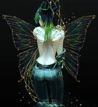 1girl ass black_background black_hair braid bun_with_braided_base butt_crack butterfly_wings commentary double_bun english_commentary feet_out_of_frame from_behind green_hair green_pants hair_bun hand_on_own_shoulder henoopd highres insect_wings jojo_no_kimyou_na_bouken kuujou_jolyne light_particles long_hair multicolored_hair pants solo stone_ocean topless_female two-tone_hair wings