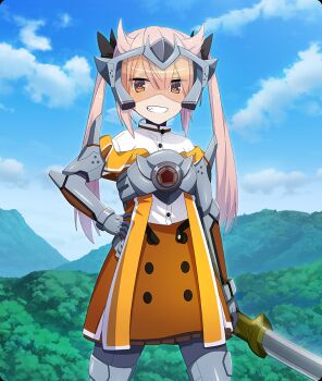 Rule 34 | 1girl, arm armor, black bow, blue sky, blush stickers, bow, brown dress, brown eyes, buttons, cloud, day, dot nose, double-breasted, dress, game cg, goggles, grin, hair bow, hair horns, hand on own hip, holding, holding sword, holding weapon, leg armor, long hair, looking at viewer, mashiko kaoru, mountain, nature, official art, orange-tinted eyewear, outdoors, pink hair, shirt, sky, smile, solo, sword, third-party source, tinted eyewear, toji no miko, toji no miko: kizamishi issen no tomoshibi, twintails, weapon, white shirt
