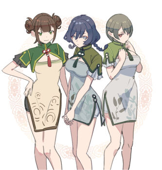 3girls blue_hair braid breasts brown_hair character_request china_dress chinese_clothes cleavage commentary_request double_bun dress feet_out_of_frame green_eyes grey_eyes grey_hair hair_bun hand_on_own_hip highres long_hair looking_at_viewer multiple_girls pink_eyes short_hair short_sleeves shy side_slit simple_background smile tassel tea_(zenless_zone_zero) twin_braids white_background yoruniyoruyoshi zenless_zone_zero