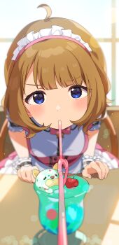 1girl ahoge blue_eyes blurry blurry_background blush brown_hair cherry close-up crazy_straw cup depth_of_field drinking_glass drinking_straw food fruit hairband highres idolmaster idolmaster_million_live! idolmaster_million_live!_theater_days inuyama_nanami long_hair looking_at_viewer low_twintails pov pov_across_table pretty_waitress_(idolmaster) shared_drink shared_straw suou_momoko twintails wristband