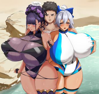 absurdres bikini black_bikini blue_eyes blush brown_eyes brown_hair dark-skinned_female dark_skin fate/grand_order fate_(series) flower groping groping_breast hair_flower hair_ornament highres horns leg_band lips mature_female murasaki_shikibu_(fate) murasaki_shikibu_(swimsuit_rider)_(first_ascension)_(fate) muundae one-piece_swimsuit original purple_hair red_eyes skindentation swimsuit tan tomoe_gozen_(fate) tomoe_gozen_(swimsuit_saber)_(fate) tomoe_gozen_(swimsuit_saber)_(first_ascension)_(fate) white_hair