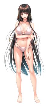 1girl ;d amakano_2 arm_under_breasts bare_arms bare_legs bare_shoulders barefoot bikini blush breasts brown_hair cleavage collarbone full_body hand_on_own_arm kurohime_yuuhi large_breasts large_variant_set legs long_hair long_sidelocks looking_at_viewer navel official_art one_eye_closed open_mouth piromizu red_eyes shirt sidelocks simple_background smile solo standing stomach swimsuit tachi-e thighs variant_set very_long_hair white_background white_bikini