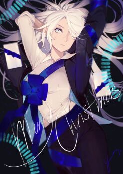 1girl arms_behind_head black_jacket blank_stare breasts clothing_cutout collared_shirt cowboy_shot grey_eyes hair_flowing_over hair_over_one_eye highres jacket jacket_partially_removed long_hair looking_at_viewer merry_christmas open_mouth original ribbon shirt sleeves_rolled_up solo thigh_cutout very_long_hair white_hair white_shirt wrapped_up yoimon