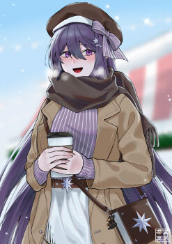 Rule 34 | 1girl, :d, alternate costume, bag, belt, bow, breath, brown coat, coat, commentary, cowboy shot, cup, disposable cup, doki doki literature club, hair between eyes, hair bow, hat, highres, holding, holding cup, open mouth, outdoors, purple eyes, purple hair, purple shirt, scarf, shirt, shirt tucked in, shoulder bag, skirt, smile, snowflakes, striped clothes, striped shirt, tyaaaaaaba, untranslatable commentary, white skirt, winter clothes, yuri (doki doki literature club)