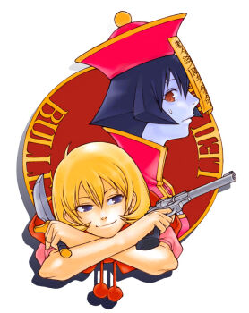 Rule 34 | 2girls, b.b. hood, blonde hair, blue eyes, blue hair, blue skin, brown eyes, colored skin, commentary request, darkstalkers, gun, handgun, hat, holding, holding gun, holding knife, holding weapon, hsien-ko, jiangshi, knife, multiple girls, ofuda, qingdai guanmao, revision, revolver, sweatdrop, weapon, white background, yumi-hiko