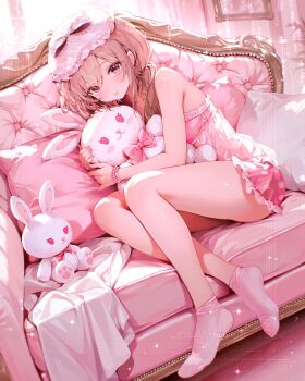 1girl absurdres bare_shoulders brown_hair commentary commission couch english_commentary hat highres hug hugging_doll hugging_object legs long_hair looking_at_viewer mob_cap nightgown on_couch original pajamas pillow pink_eyes pink_hat pink_nightgown pink_socks pink_theme sitting socks solo stuffed_animal stuffed_rabbit stuffed_toy thighs vgen_commission zaifan_(zzaifann)
