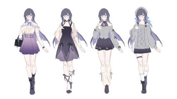 1girl absurdres alternate_costume artist_collaboration bag bare_shoulders black_boots blue_ribbon boots breasts collarbone commentary dress english_commentary glasses grey_shirt grey_sweater hair_ribbon highres honkai_(series) honkai_impact_3rd lace-up_boots long_hair looking_at_viewer medium_breasts mei_(honkai_impact) multiple_views off-shoulder_shirt off-shoulder_sweater off_shoulder purple_dress purple_eyes purple_hair purple_skirt reference_sheet ribbon sang_sha shirt simple_background sketch skirt sweater thigh_strap white_background zelian