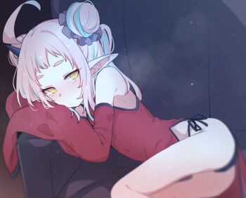 1girl ahoge azuma_shino chinese_clothes couch expressionless frills hair_bun hair_buns hand_on_own_face horn long_ears long_sleeves lying multicolored_hair on_side pink_hair pointy_ears repi_(azuma_shino) skinny two-tone_hair yellow_eyes