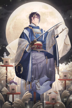1boy armor black_gloves black_hair blue_eyes blue_hair closed_mouth cloud commentary dated_commentary food fruit full_body full_moon gloves grapes highres holding holding_shawl holding_sword holding_weapon japanese_armor japanese_clothes katana long_sleeves male_focus mikazuki_munechika mochi moon night outdoors profile religious_offering sandals sayagata see-through_clothes see-through_shawl shawl shoulder_armor single_sidelock sitting sky socks sode solo sparkle suzuneko-rin sword touken_ranbu weapon white_socks wide_sleeves