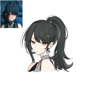 1girl alternate_hairstyle bare_shoulders black_hair closed_mouth commentary cropped_shoulders earrings english_commentary feint721 female_rover_(wuthering_waves) game_screenshot_inset hair_ornament hairclip jewelry long_hair looking_at_viewer looking_to_the_side parallel_hairclips ponytail rover_(wuthering_waves) simple_background solo triangle_earrings white_background wuthering_waves yellow_eyes