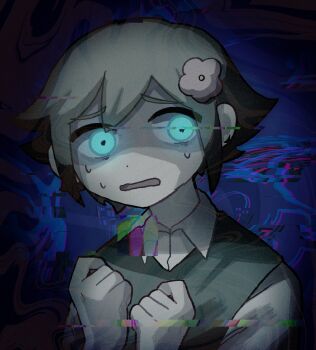 1boy basil_(faraway)_(omori) basil_(omori) blonde_hair blue_eyes collared_shirt commentary_request double-parted_bangs flower glitch green_sweater_vest hair_between_eyes hair_flower hair_ornament highres looking_at_viewer male_focus omori open_mouth shirt sidelocks solo sweat sweater_vest upper_body white_shirt yksm_oe