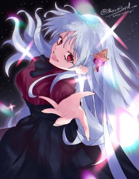 Rule 34 | 1girl, absurdres, breasts, fate/strange fake, fate (series), fillia (fate), hair ornament, hashtag-only commentary, highres, kevin3rd, long hair, long sleeves, looking at viewer, open mouth, red eyes, ribbon, skirt, solo, white hair