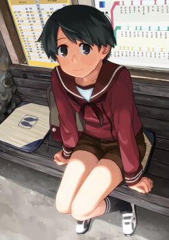 1girl bag bench black_hair brown_eyes brown_sailor_collar brown_serafuku brown_shorts chart female_focus full_body jewelry kantai_collection looking_at_viewer makio_(makiomeigenbot) mogami_(kancolle) ring sailor_collar school_uniform serafuku shoes short_hair shorts sitting smile solo swept_bangs wedding_band