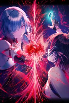 Rule 34 | 2girls, absurdres, bandage over one eye, bare shoulders, black gloves, black hair, breasts, commentary request, detached sleeves, dress, female rover (wuthering waves), fingernails, flower, gem, gloves, grey eyes, hair ribbon, halter dress, halterneck, highres, looking at another, medium breasts, multiple girls, nail polish, parted lips, partially fingerless gloves, phrolova (wuthering waves), red dress, red nails, ribbon, rover (wuthering waves), shikuwata, single detached sleeve, spider lily, split theme, tacet mark (wuthering waves), wuthering waves, yellow ribbon