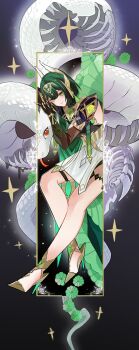 1girl ancient_egyptian_clothes black_gloves claw_ring commentary dress ear_covers elbow_gloves exposed_bone forked_tongue gem genshin_impact gloves green_eyes green_gem green_hair hairband hashtag-only_commentary headgear high_heels highres interlocked_fingers nefer_(genshin_impact) own_hands_together red_eyes scales short_hair skeleton_snake skirt smile snake symbol-only_commentary tongue viviwi white_skirt