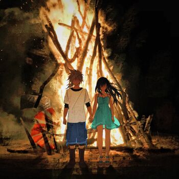 1boy 1girl aged_down aqua_dress bare_arms bare_legs bare_shoulders black_hair blonde_hair blue_shorts burning burning_building closed_mouth cloud_strife commentary_request dress duoj_ji embers faceless faceless_female faceless_male facing_viewer final_fantasy final_fantasy_vii final_fantasy_vii_rebirth final_fantasy_vii_remake fire full_body highres holding_hands long_hair low_ponytail night outdoors ponytail sandals shirt shorts sky smoke spaghetti_strap spiked_hair standing sundress t-shirt tifa_lockhart water_tank white_shirt