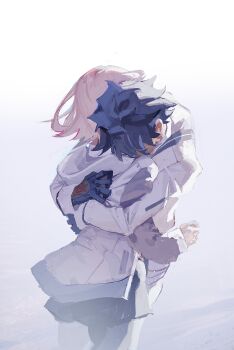 Rule 34 | 1boy, 1girl, black gloves, black hair, command spell, commentary request, fate/grand order, fate (series), fujimaru ritsuka (male), fujimaru ritsuka (male) (decisive battle chaldea uniform), gloves, grey jacket, highres, hood, hood down, hooded jacket, hug, jacket, long sleeves, mash kyrielight, multicolored jacket, pink hair, simple background, two-tone jacket, ubwmitekure, white background, white jacket