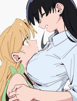 2girls black_hair blonde_hair breasts downscaled green_eyes hug long_hair multiple_girls non-web_source resized ruri_no_houseki white_background