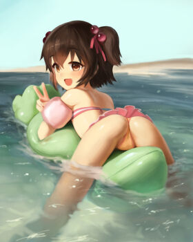 1girl akagi_miria ass beach bikini bikini_skirt brown_eyes brown_hair cameltoe crumbles female_focus from_behind hair_bobbles hair_ornament highres idolmaster idolmaster_cinderella_girls inflatable_armbands inflatable_crocodile inflatable_toy loli looking_at_viewer looking_back lying miniskirt ocean on_stomach open_mouth outdoors partially_submerged pink_bikini pink_skirt short_hair skirt smile solo straddling swimsuit thighs two_side_up v yellow_bikini