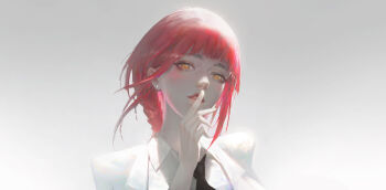 1girl absurdres black_necktie braid braided_ponytail chainsaw_man collared_shirt ear_piercing finger_to_mouth formal_clothes highres leo-dont-want-to-be-a-painter long_hair looking_at_viewer makima_(chainsaw_man) necktie office_lady piercing red_hair ringed_eyes shirt shushing sidelocks simple_background solo white_background white_shirt yellow_eyes