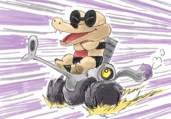 Rule 34 | closed eyes, commentary request, crocodilian, fangs, gen 5 pokemon, highres, kicdon, nintendo, no humans, nostrils, open mouth, pokemon, pokemon (creature), pokemon focus, riding, riding pokemon, sandile, smile, varoom