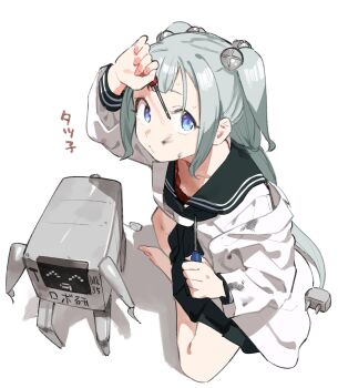 1girl ^_^ aoki_tatsuko barefoot blue_eyes closed_eyes crossed_legs hair_ornament highres lab_coat muchi_maro official_art plug ponytail promotional_art robot school_uniform screwdriver seitokai_ni_mo_ana_wa_aru! sitting skirt twintails wiping_forehead